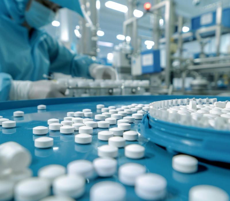 Closeup of white pills on a production line in a modern pharmaceutical manufacturing facility. Workers in protective gear ensure quality control, efficiency, and safety in the factory